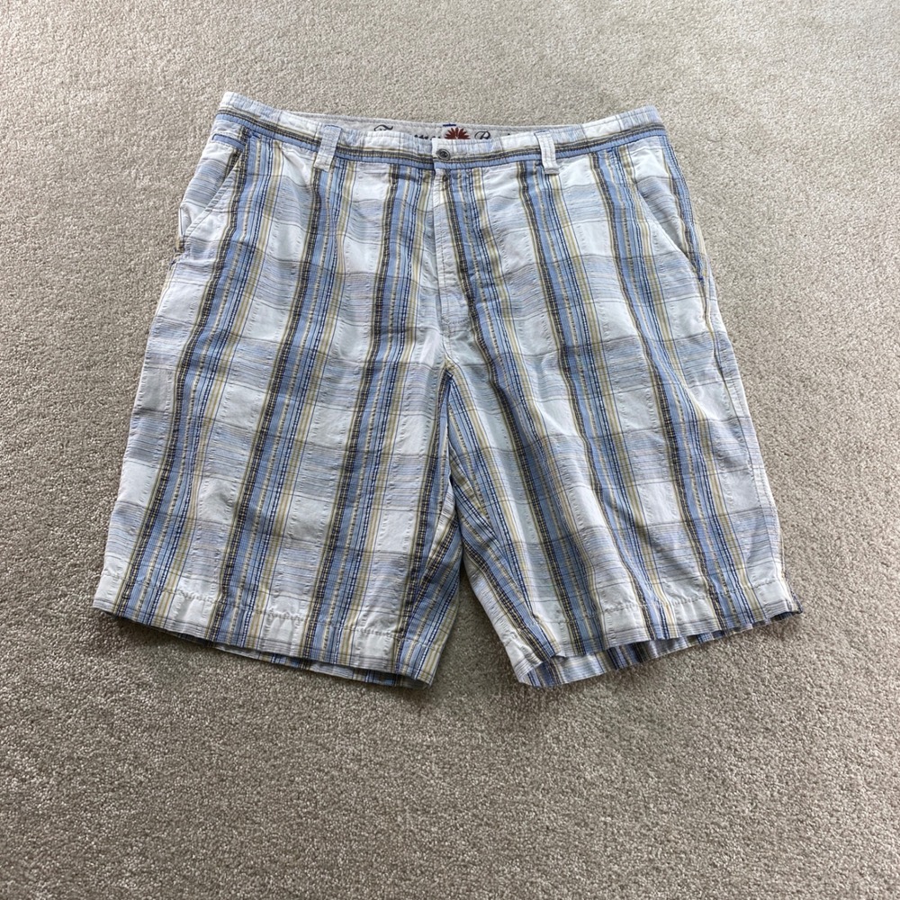 Tommy Bahama Plaid Shorts Mens 38 Blue Yellow Paradise Nation Cotton Seersucker